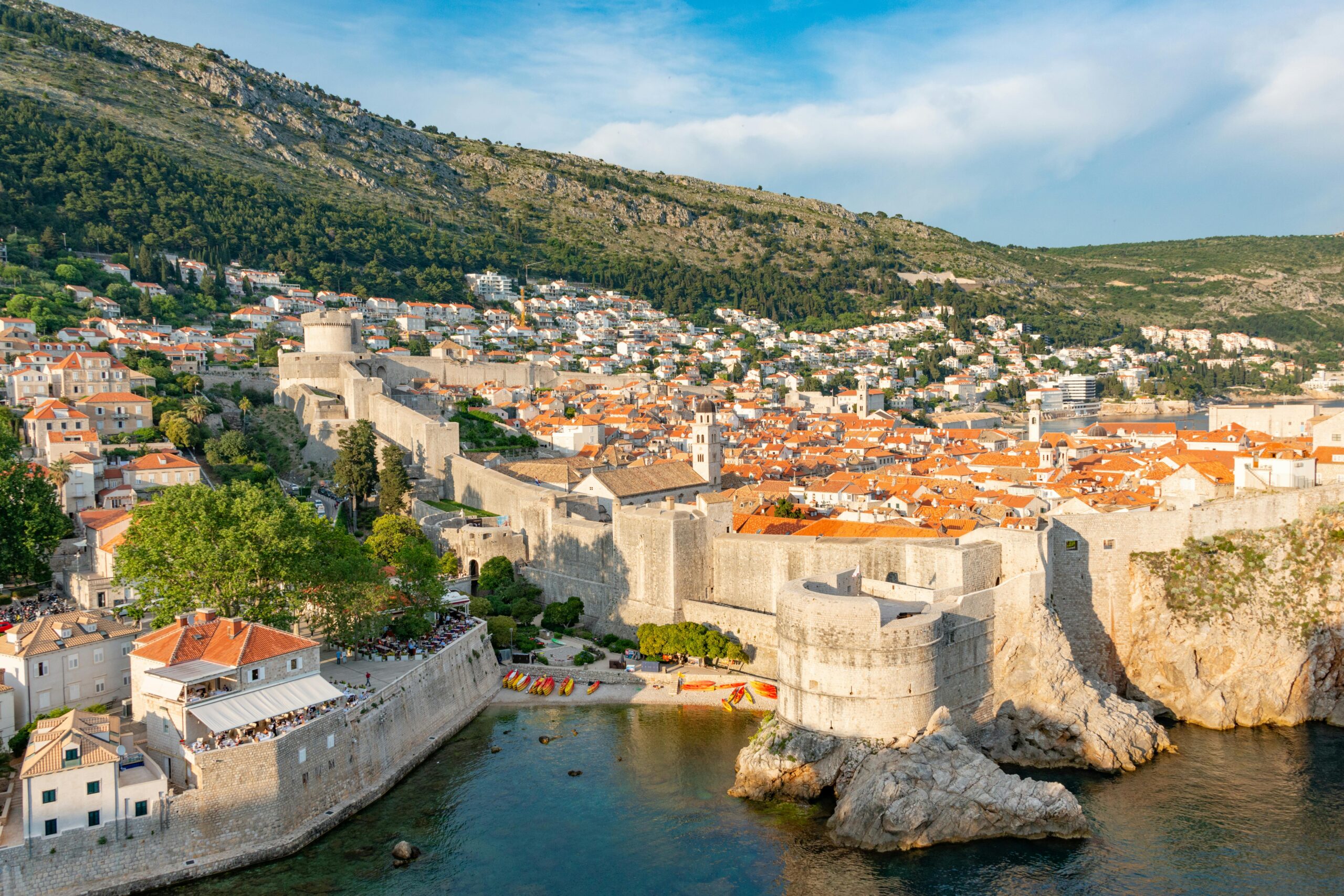 Aerial view of Dubrovnik's historic Old Town and defensive walls along the Adriatic Sea.