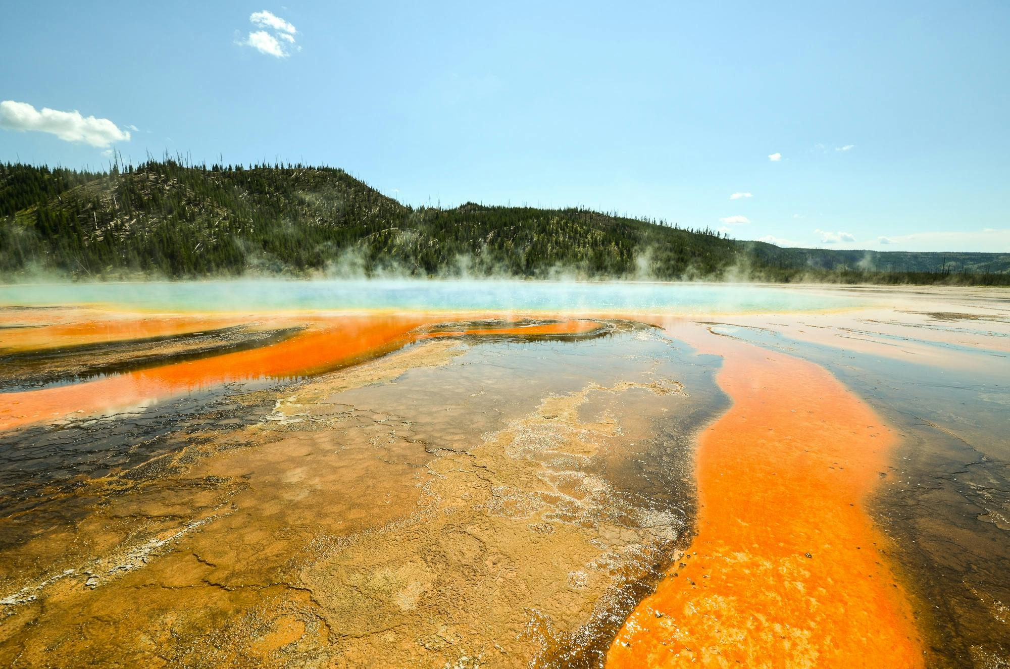 Stunning view of Grand Prismatic Spring's vibrant colors in Yellowstone National Park